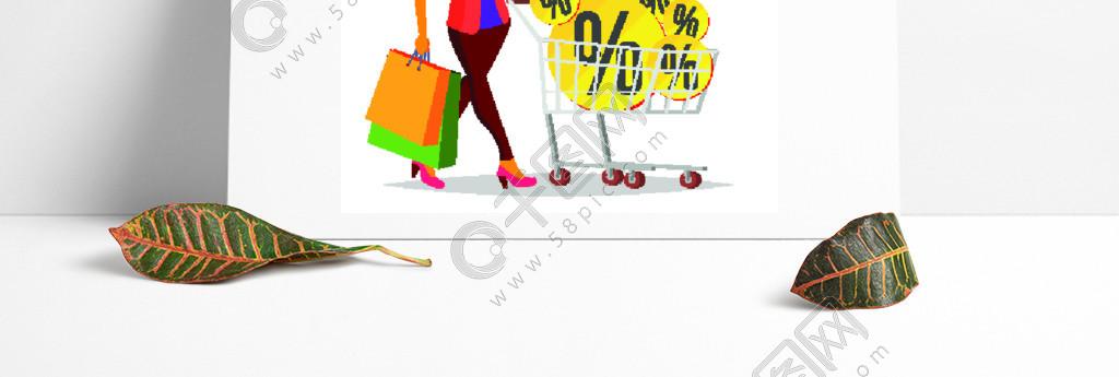 销售折扣商业孤立的卡通插图购物女人矢量杂货车大甩卖杂货在商店超级